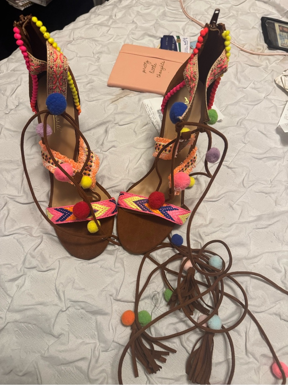 Anne Michelle Multicolor Pom Pom Lace-Up Sandals
